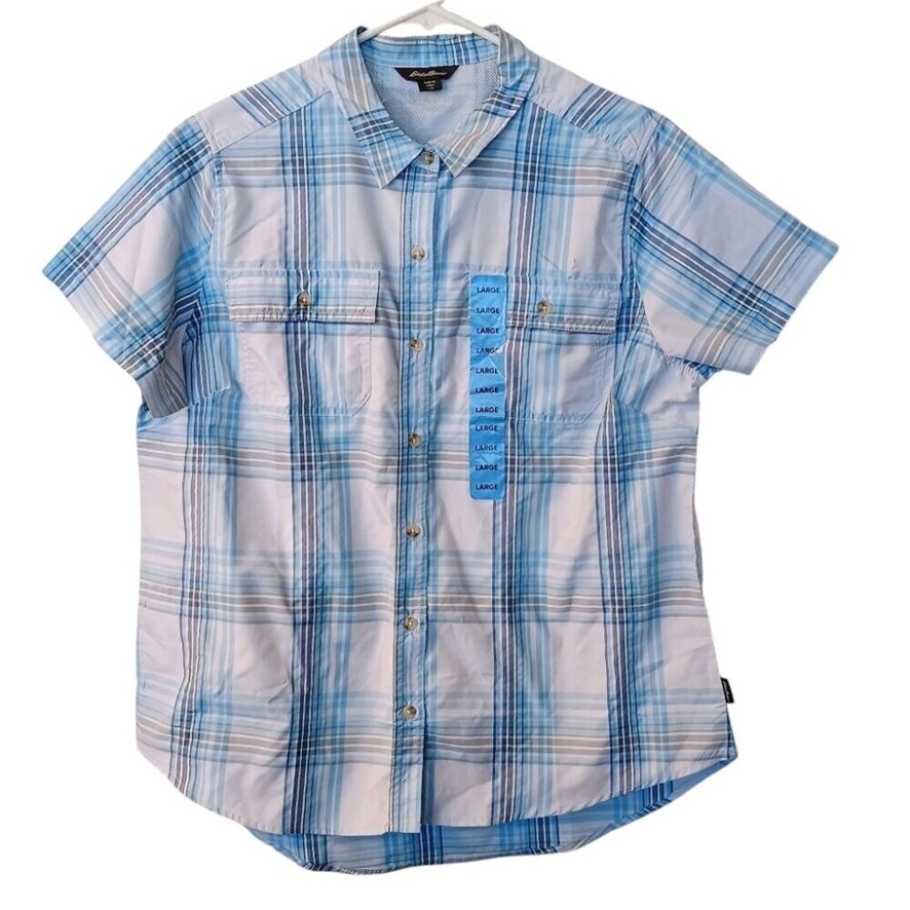 New Women's Eddie Bauer Adventure Blue Plaid Short Sleeve Shirt Size Large UPF